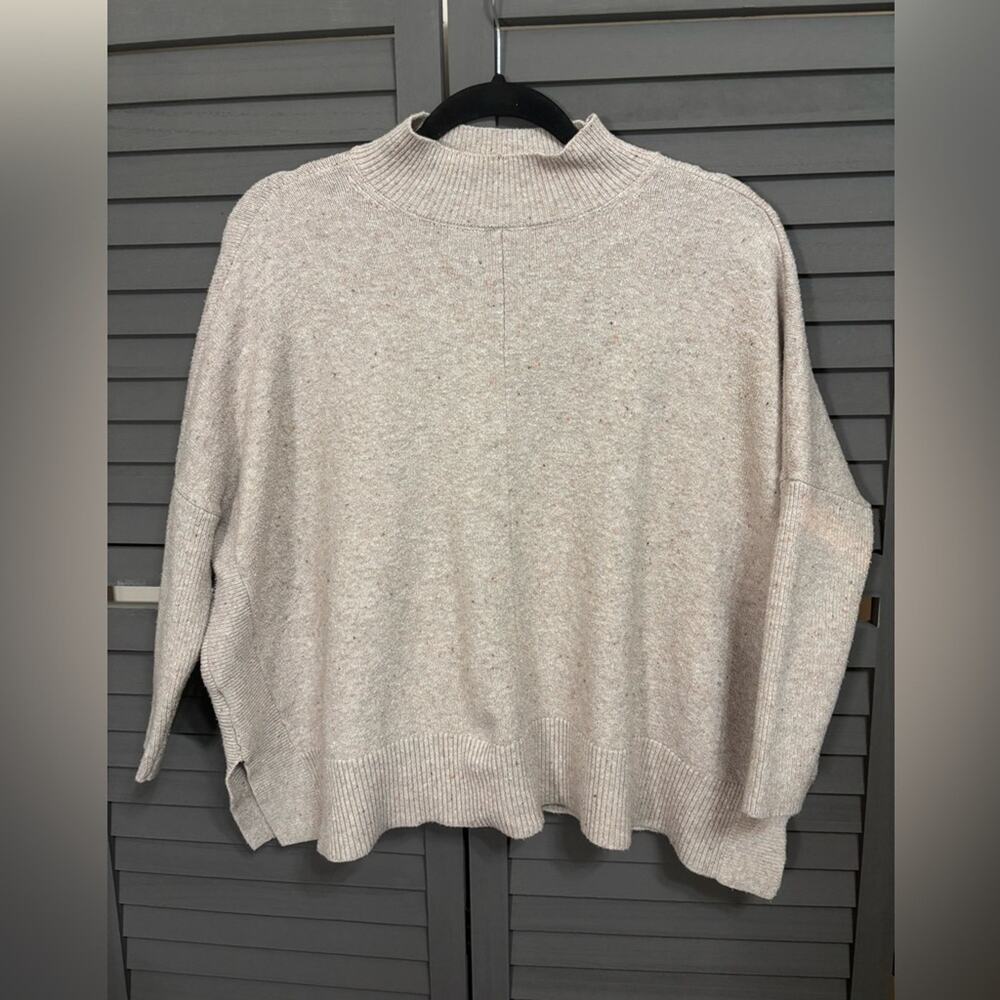 LOFT Boxy Fit Heathered Beige Oversized Mock Neck Knit Sweater Size XS
